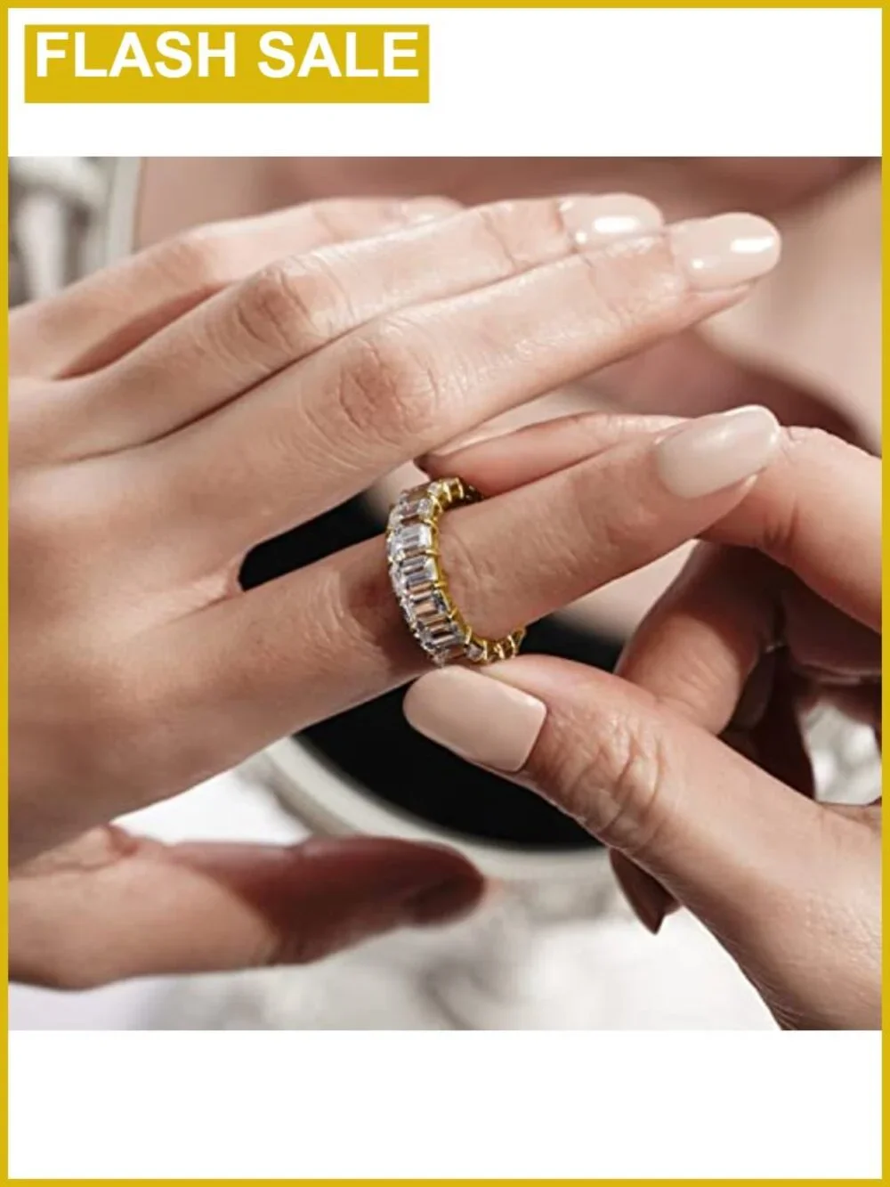 Emerald Cut Cubic Zirconia Eternity Ring 14K Yellow Gold Plated 925 Sterling